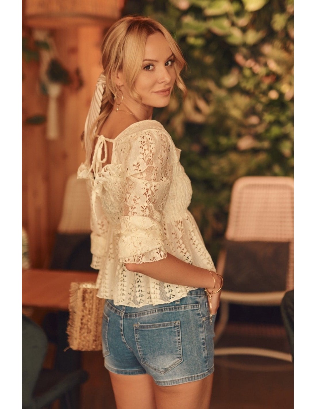 Lace blouse with a diamond neckline, beige 89455 - Online store - Boutique